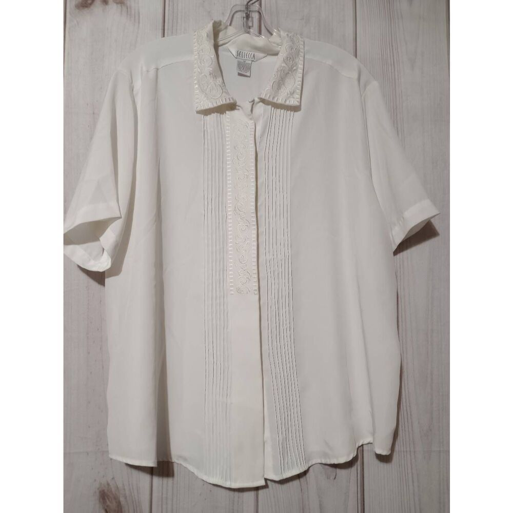 Sellecca Shirt‎ Ladies 18 Button Front Short Sleeve White Embroidered Semi Sheer